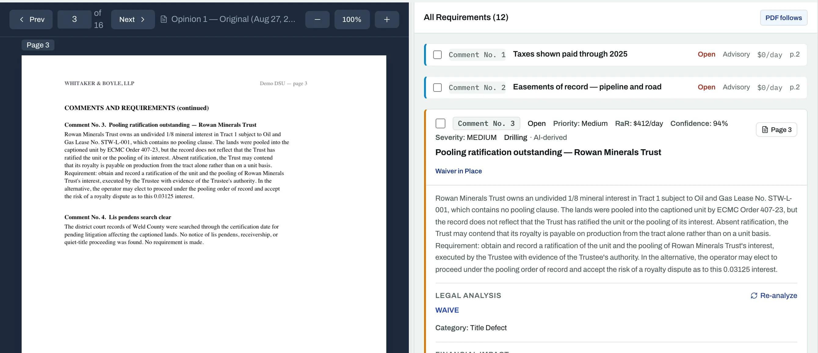 LandRe Requirements screen: the title opinion PDF on the left at page 3 showing the examiner’s comment, and on the right the same Drilling requirement with its per-day revenue at risk, legal analysis and affected tract.